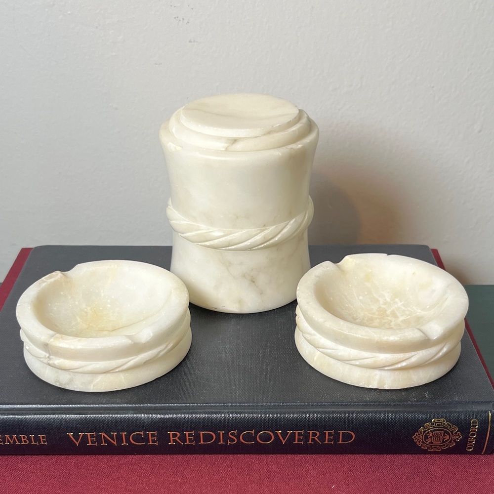 Italian Marble Vintage Ashtrays His & Hers Tuscan Inspired with Cigarette Holder